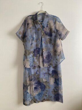 Floral Print Two-Piece Jacket Dress Set With Blue & Beige Tones Size 14
